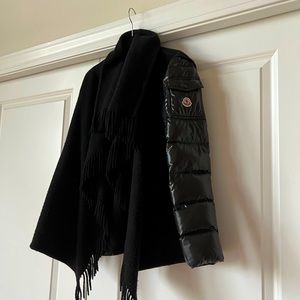 Moncler Black Mixed-Material Fringe Coat with Quilted Sleeve